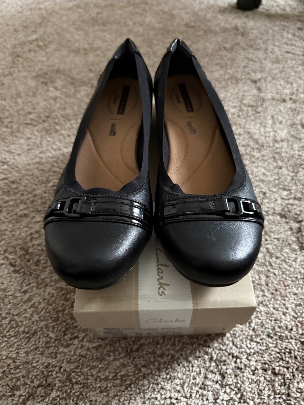 Clarks Black Leather Ballet Flats with Patent Trim